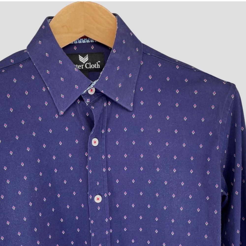 Better Cloth Men's Blue Diamond Print Long Sleeve Button Up Dress Shirt Size L